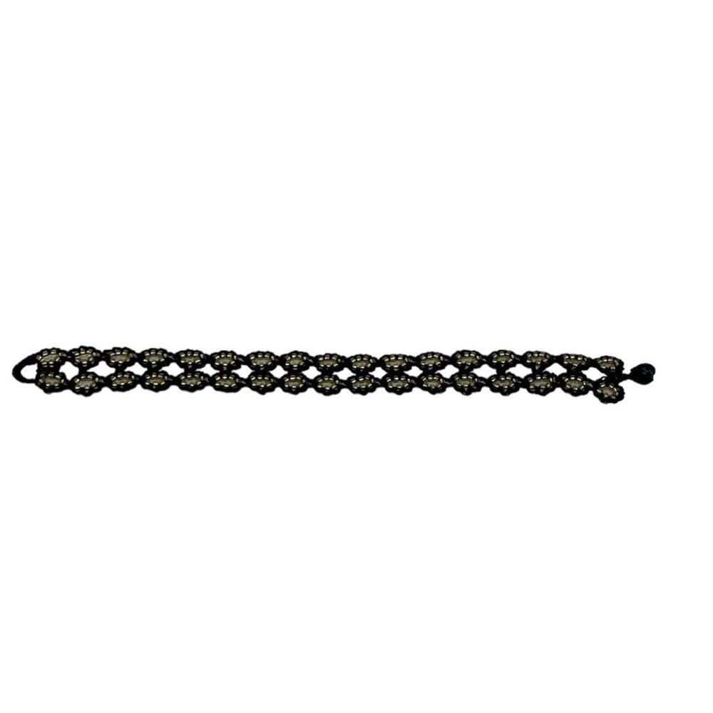 Turkish Artisan Fashion Flat Crochet 7” Bracelet Black Cord Gold Round Beads - Picture 2 of 11